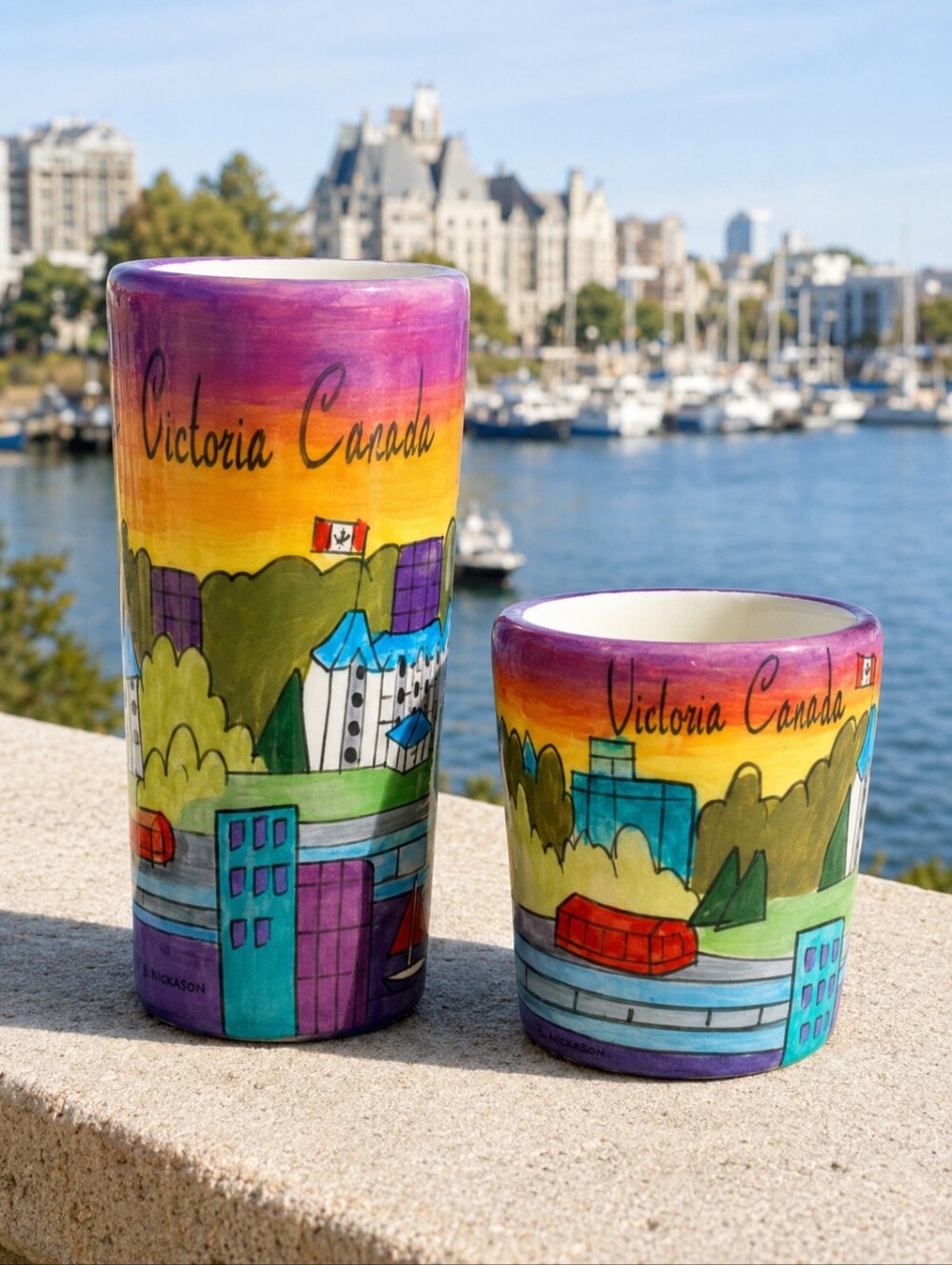 B Nickason Victoria BC Hand Painted Ceramic Souvenir Cups Pair